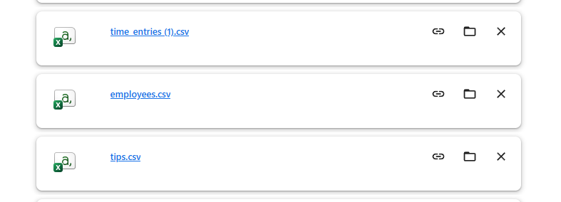 Three CSV files exported from a POS: time_entries.csv, employees.csv, and tips.csv.