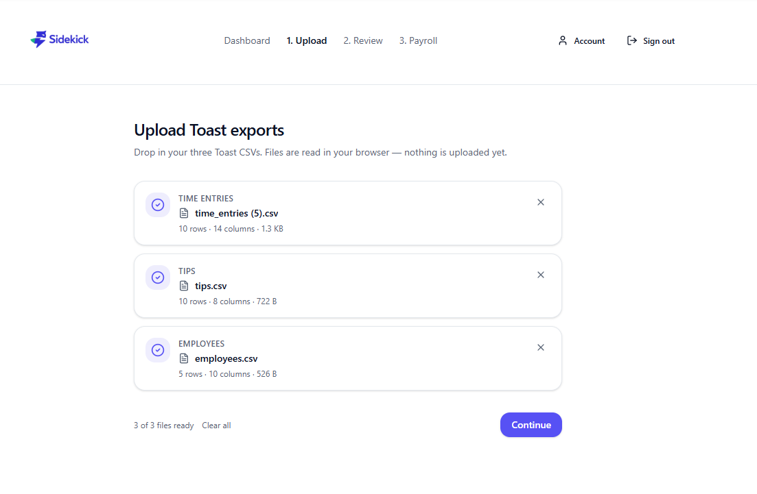 Sidekick upload page with three CSVs (time entries, tips, employees) ready to process.